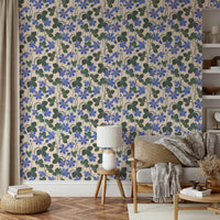Botanical wallpaper with blue anemone blooms

