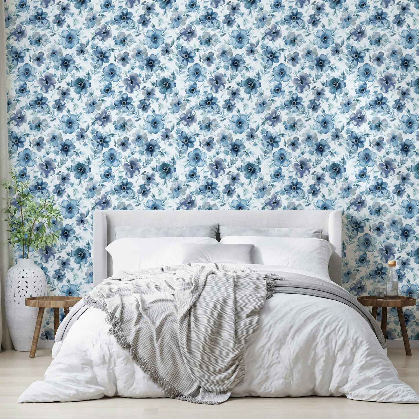 Blooming blue flowers on decorative wallpaper

