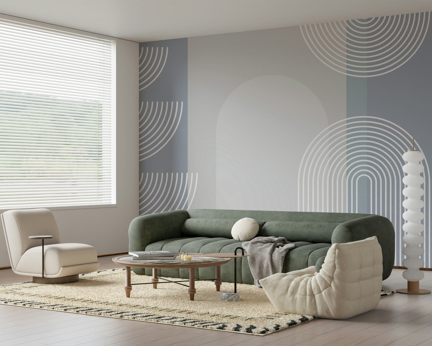 A peaceful geometric design mural on decorative wallpaper.