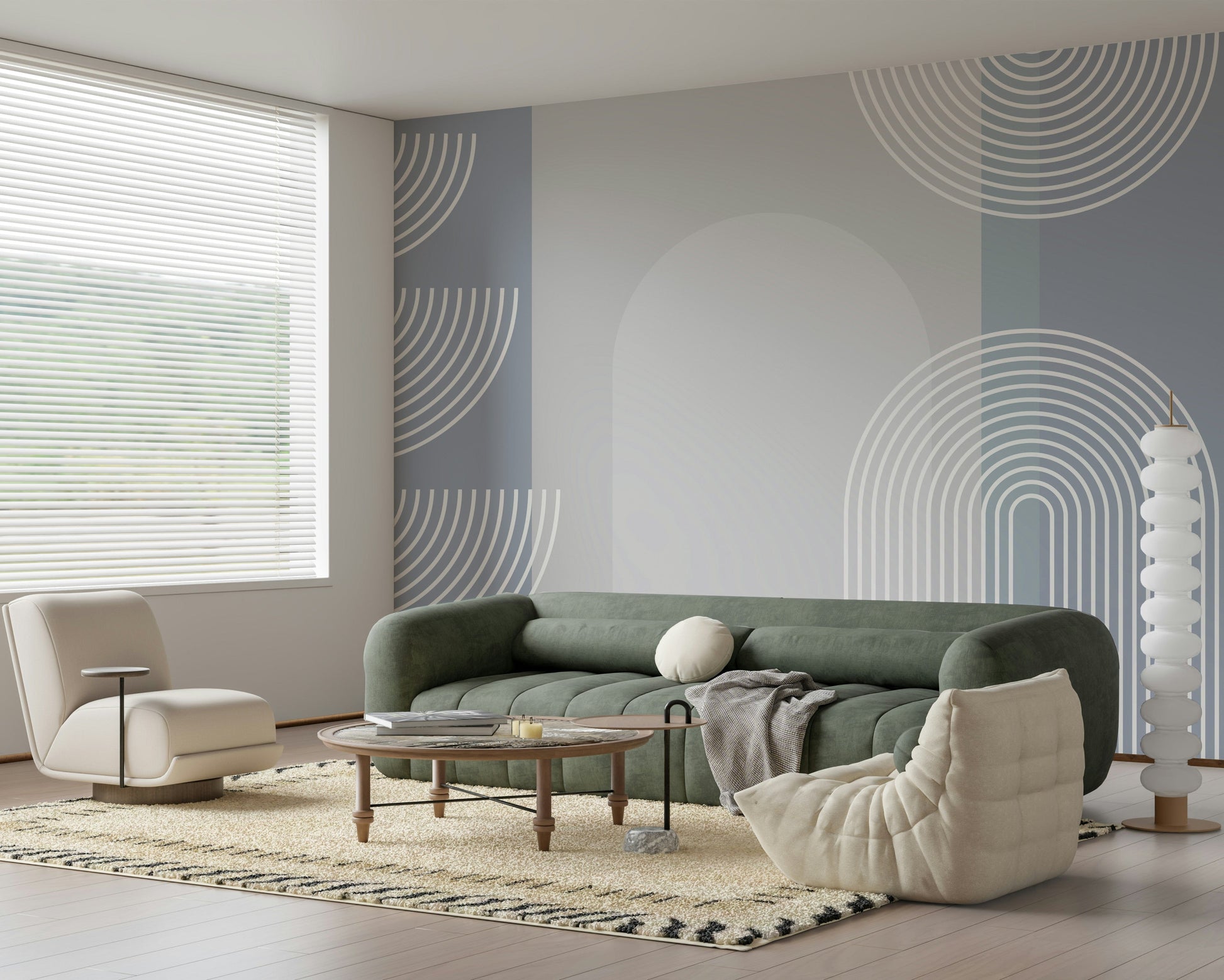 A peaceful geometric design mural on decorative wallpaper.