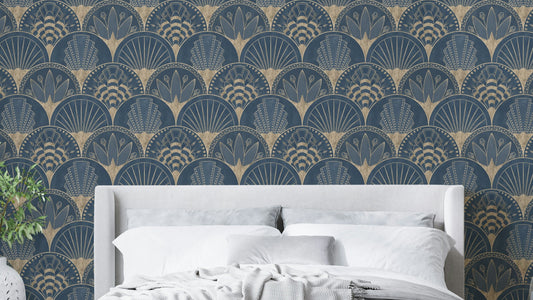 Blue and gold Art Deco wallpaper

