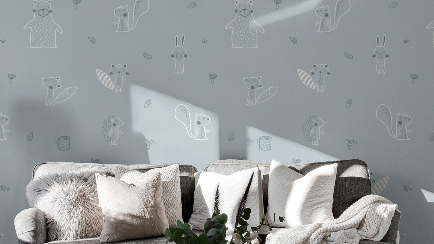 Blue baby forest friends wallpaper for a calming nursery.
