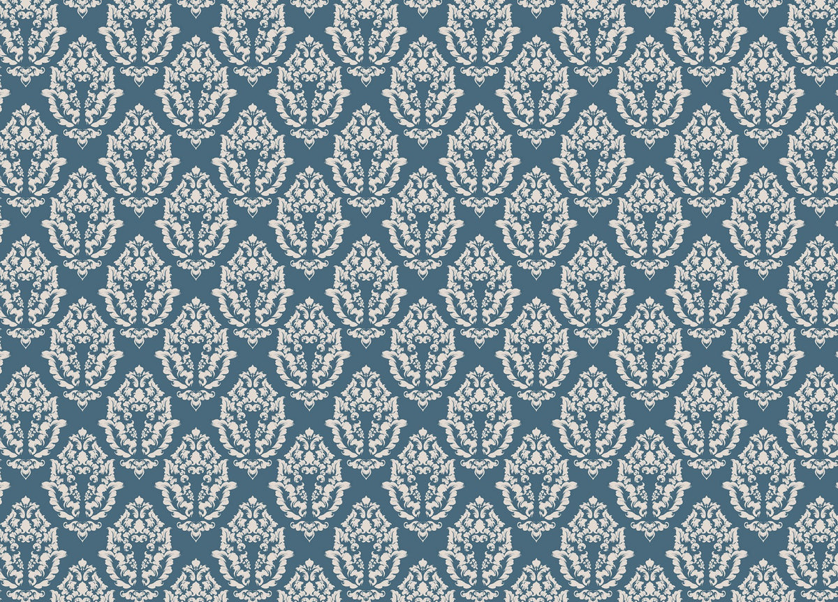 Blue Damask Pattern Wallpaper Mural in your room — zoomed