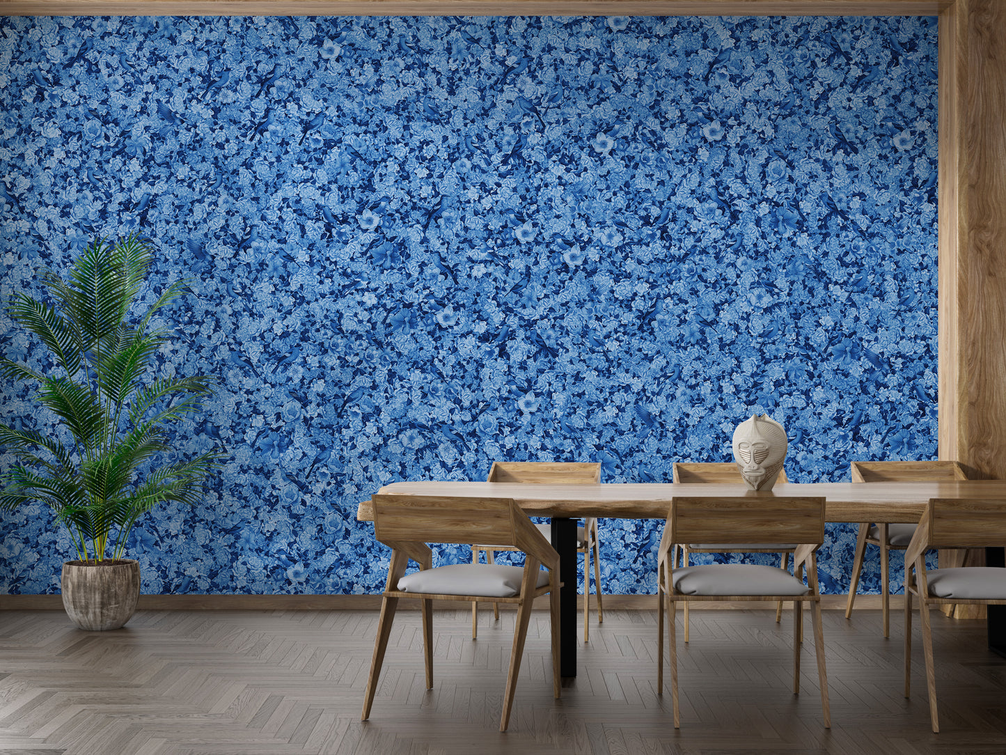 Blue Bird Flower wallpaper mural in dense blue floral pattern behind a wooden dining table and chairs