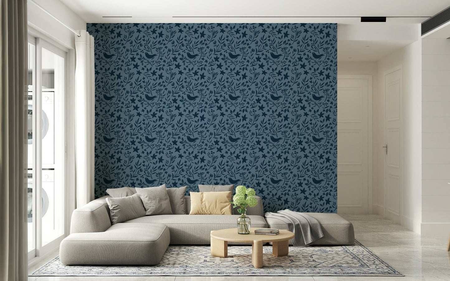 Hand-drawn finches, Folk Bird Botanical wall mural, rich cobalt.