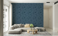 Hand-drawn finches, Folk Bird Botanical wall mural, rich cobalt.