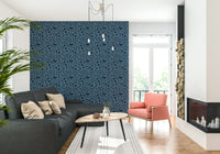 Blue Scandinavian, classic woodland repeat, tonal blue wallpaper.