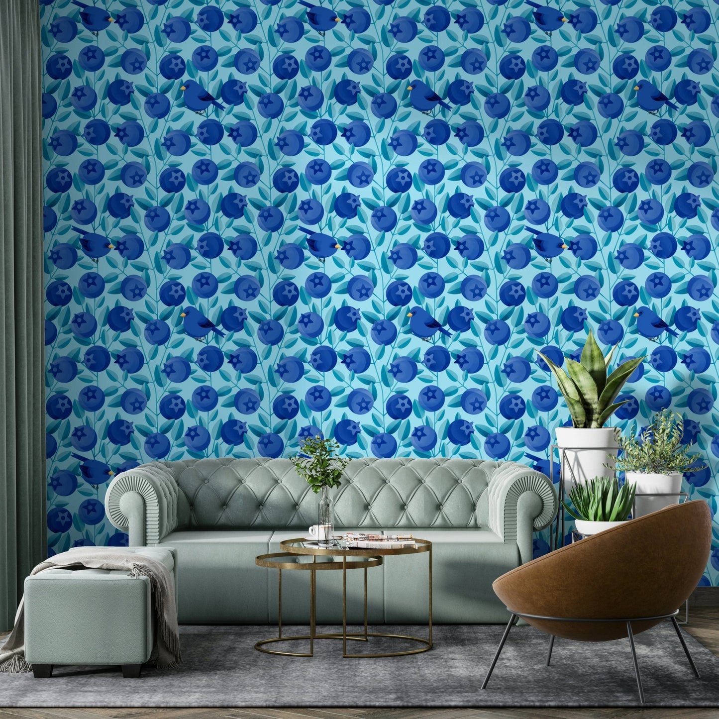 Nature-themed wall mural with cool tones


