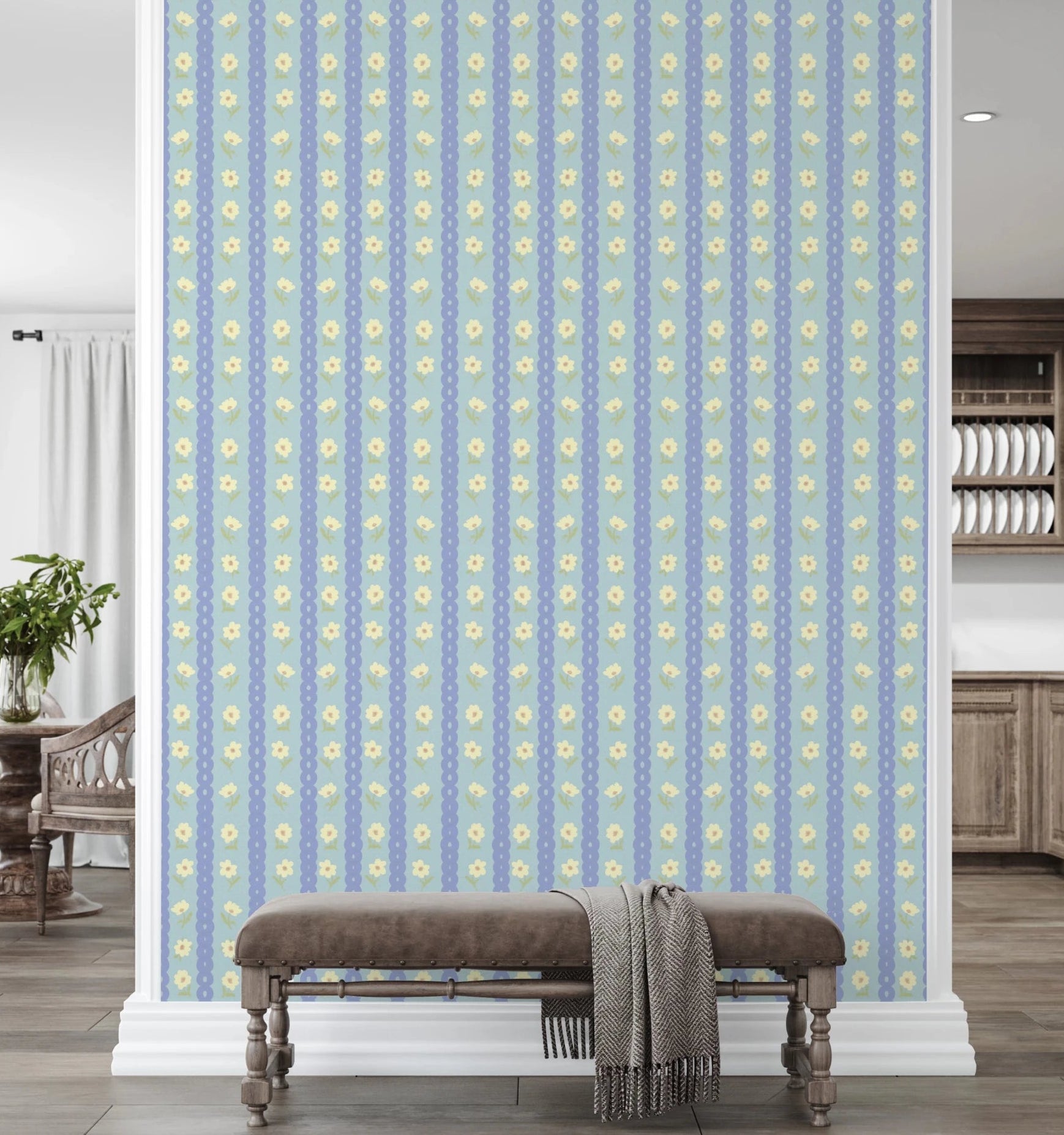 Blue Bloom Stripes wallpaper mural on a divider wall above a brown velvet bench, light blue stripes with yellow daisies