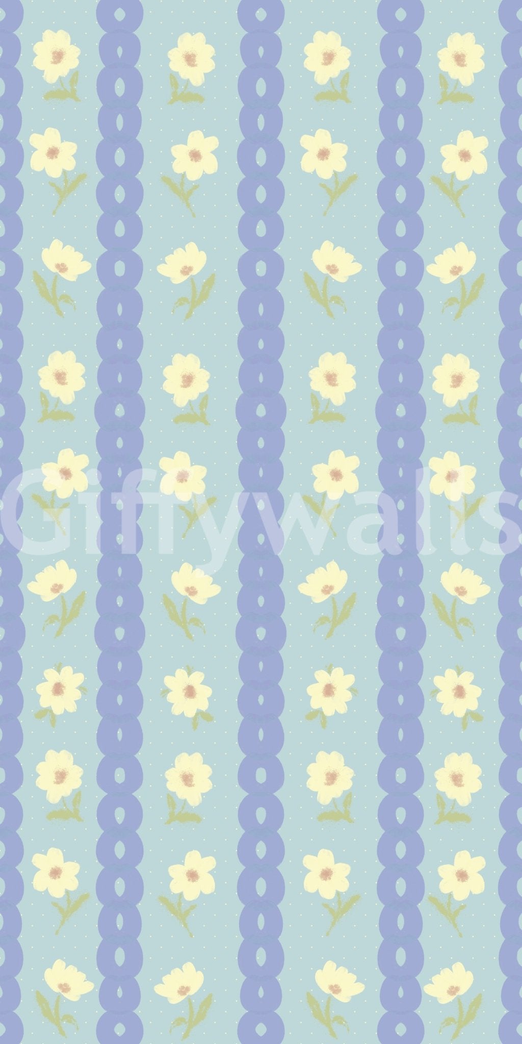 Blue Bloom Stripes wallpaper close-up showing yellow daisies on light blue scalloped stripes