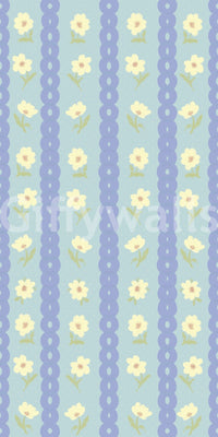 Blue Bloom Stripes wallpaper close-up showing yellow daisies on light blue scalloped stripes