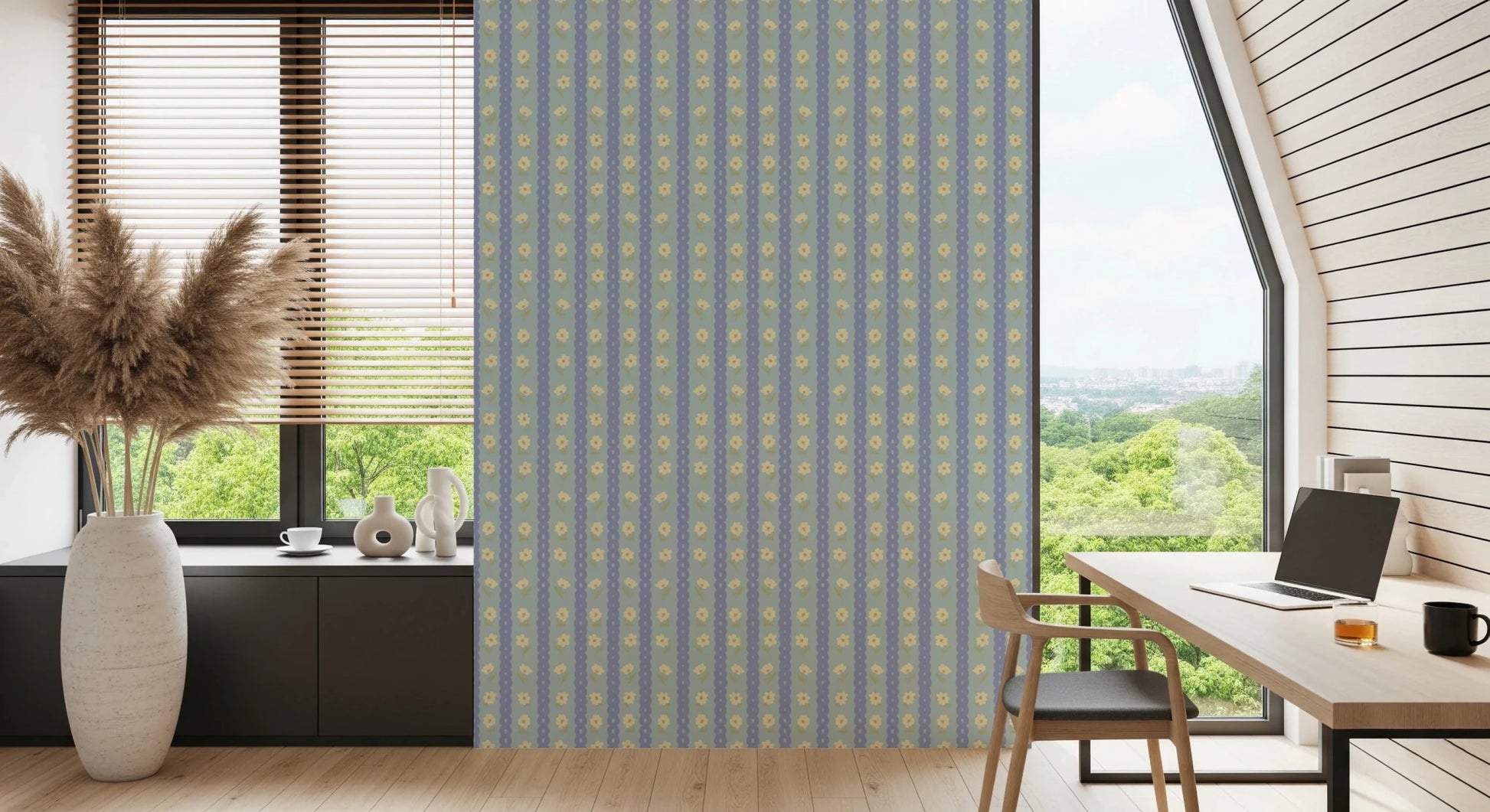 Blue Bloom Stripes wallpaper mural in a home office behind a desk with forest-view windows, blue daisy stripes