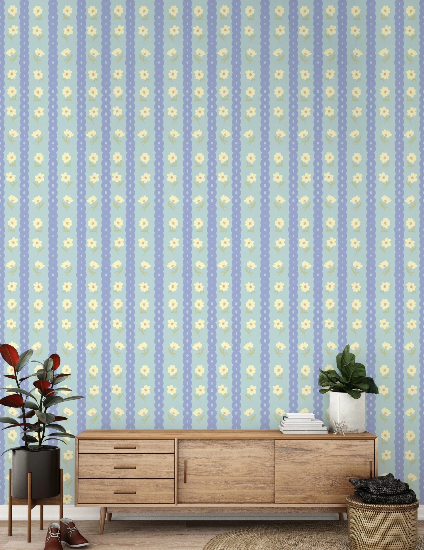 Blue Bloom Stripes wallpaper mural behind a walnut credenza with a rubber plant and fiddle leaf fig, blue stripes