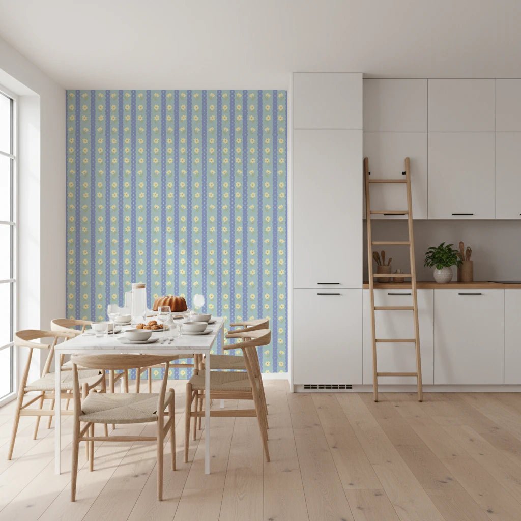 Blue Bloom Stripes wallpaper mural in a dining room behind a white marble table and wood chairs, blue stripes