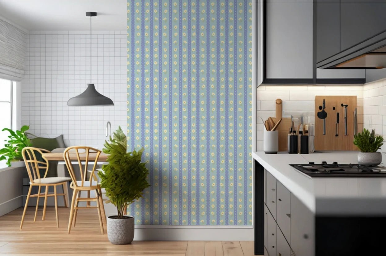 Blue Bloom Stripes wallpaper mural in a kitchen with a white tile breakfast nook and potted plant, blue stripes