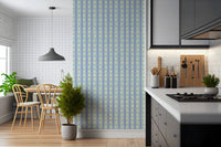Blue Bloom Stripes wallpaper mural in a kitchen with a white tile breakfast nook and potted plant, blue stripes