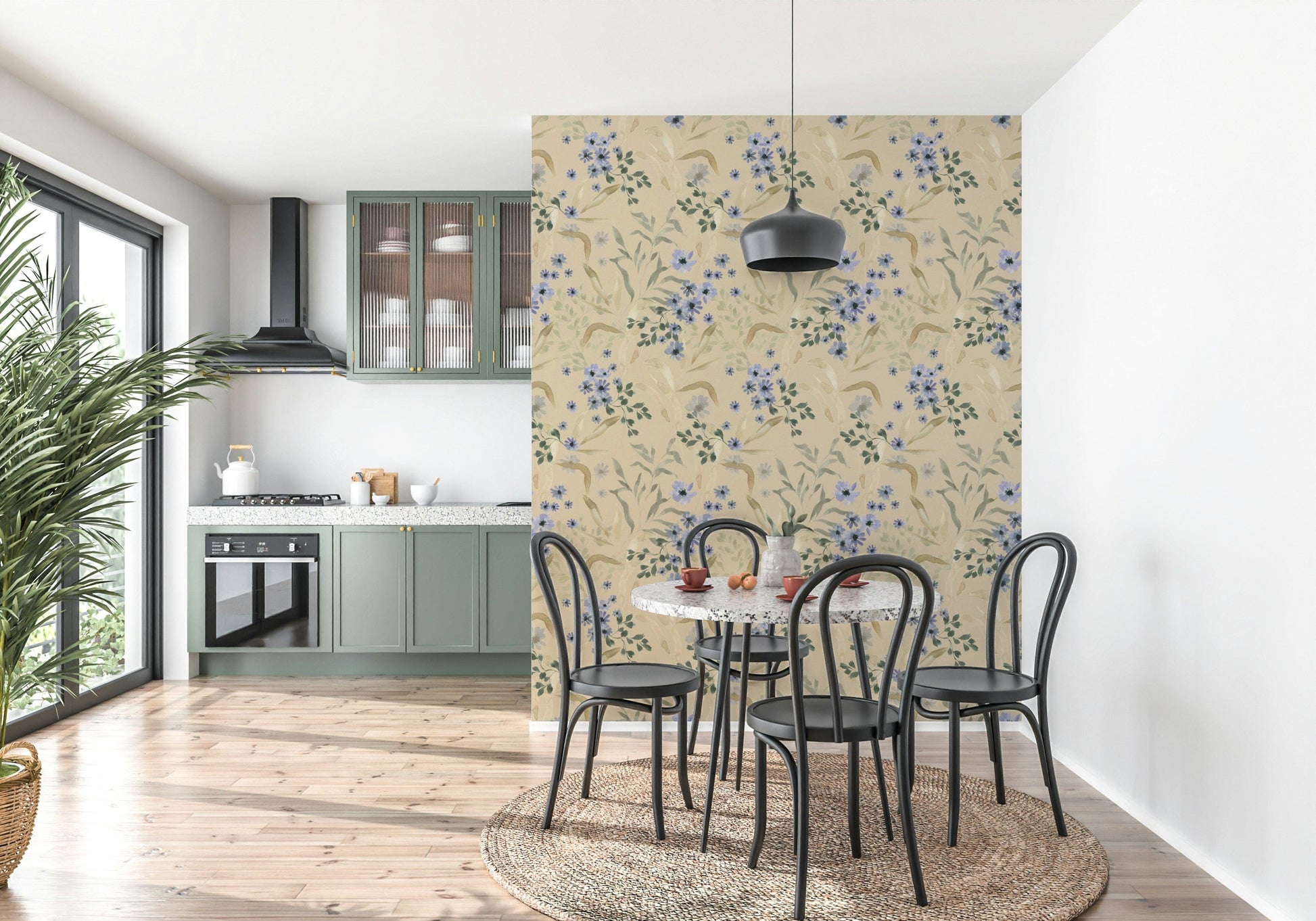 Elegant watercolor flowers forming a light, airy wall design.