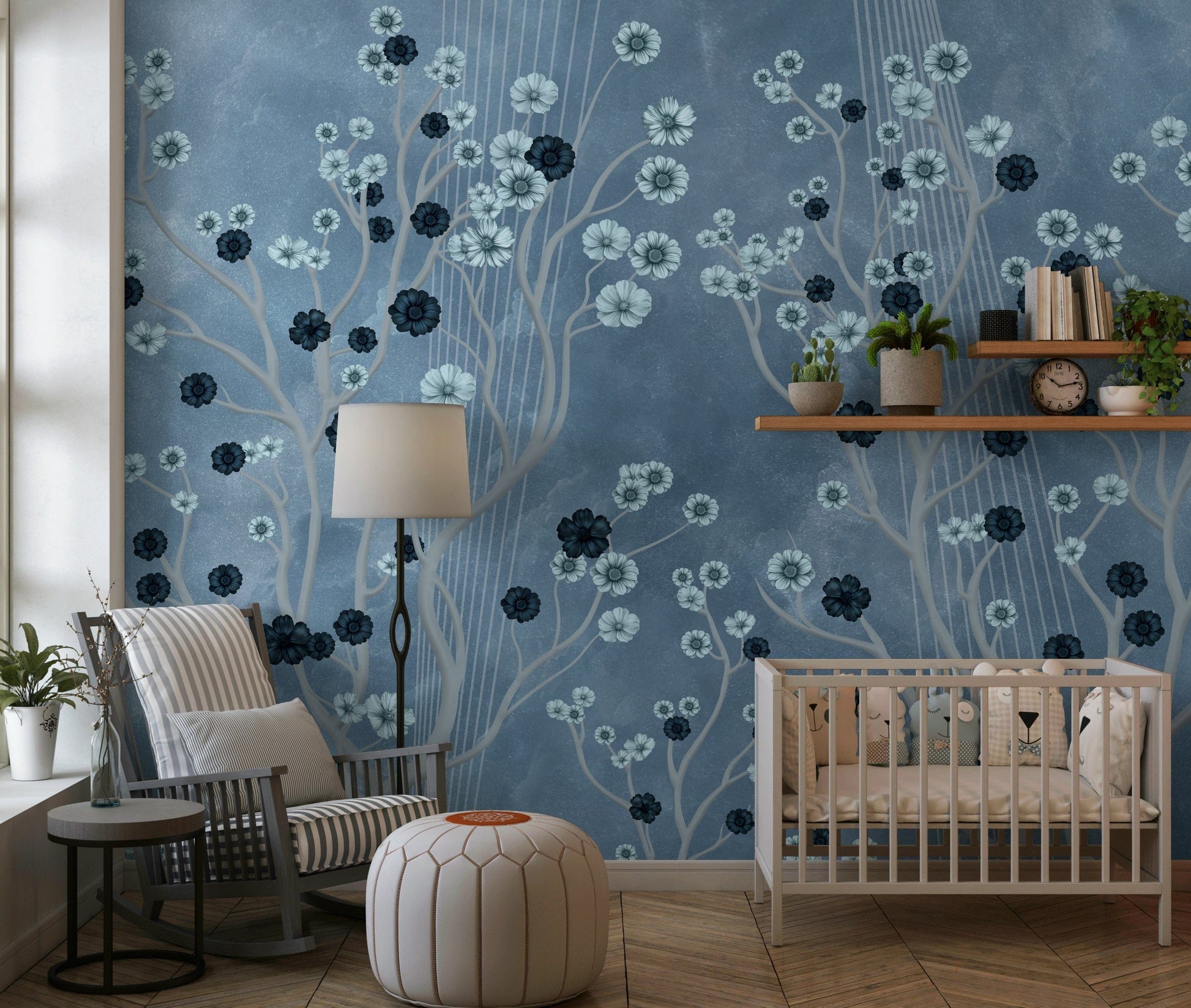 Flower canopy wall mural in home office, calm modern backdrop