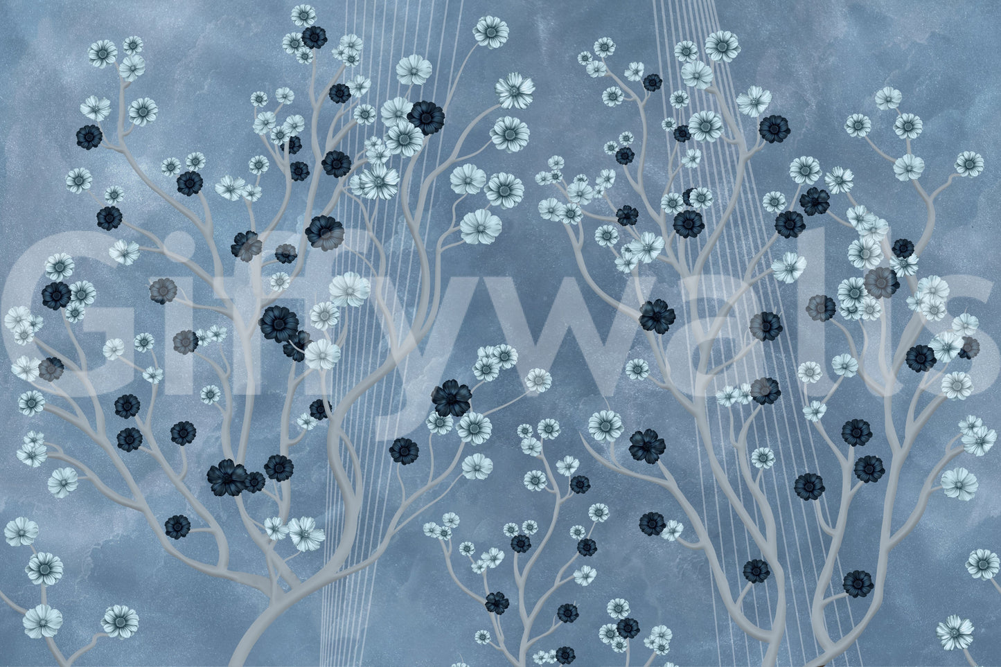 Minimal lounge with indigo canopy mural, soft colour accents