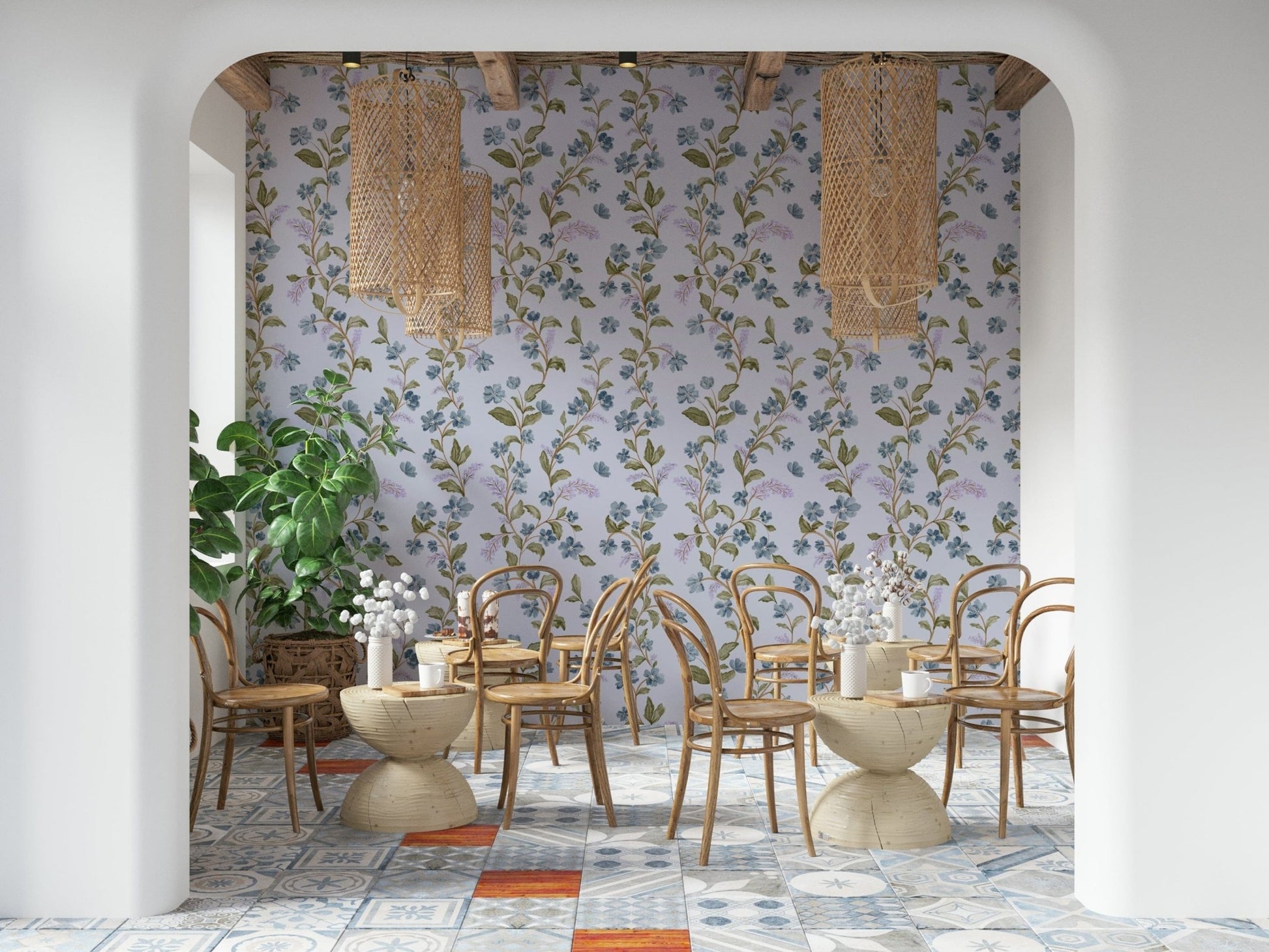Romantic garden aesthetic Blue Blossom Trail wall mural climbing plant motif