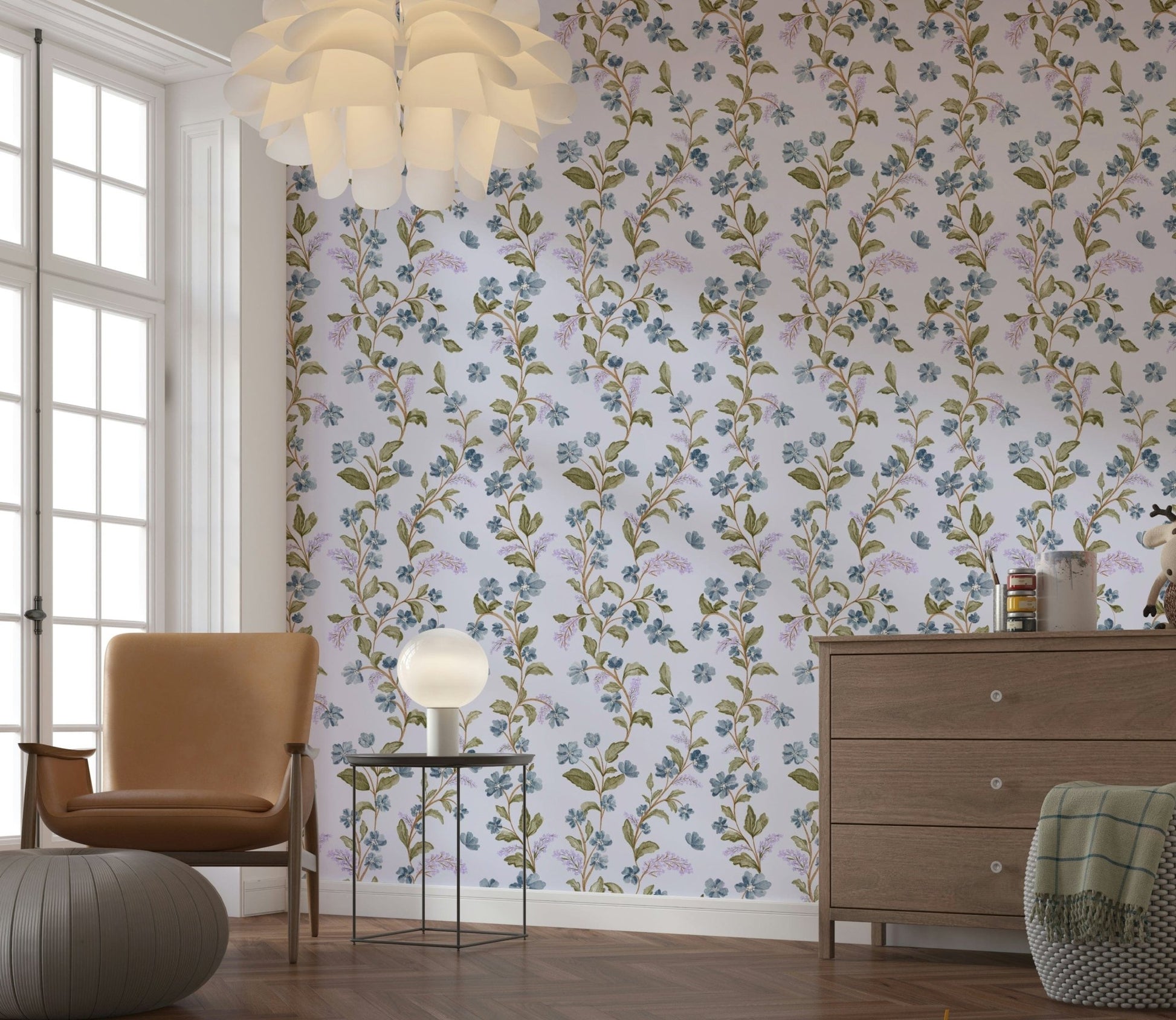 Hand painted foliage Blue Blossom Trail wall covering rustic farmhouse decor
