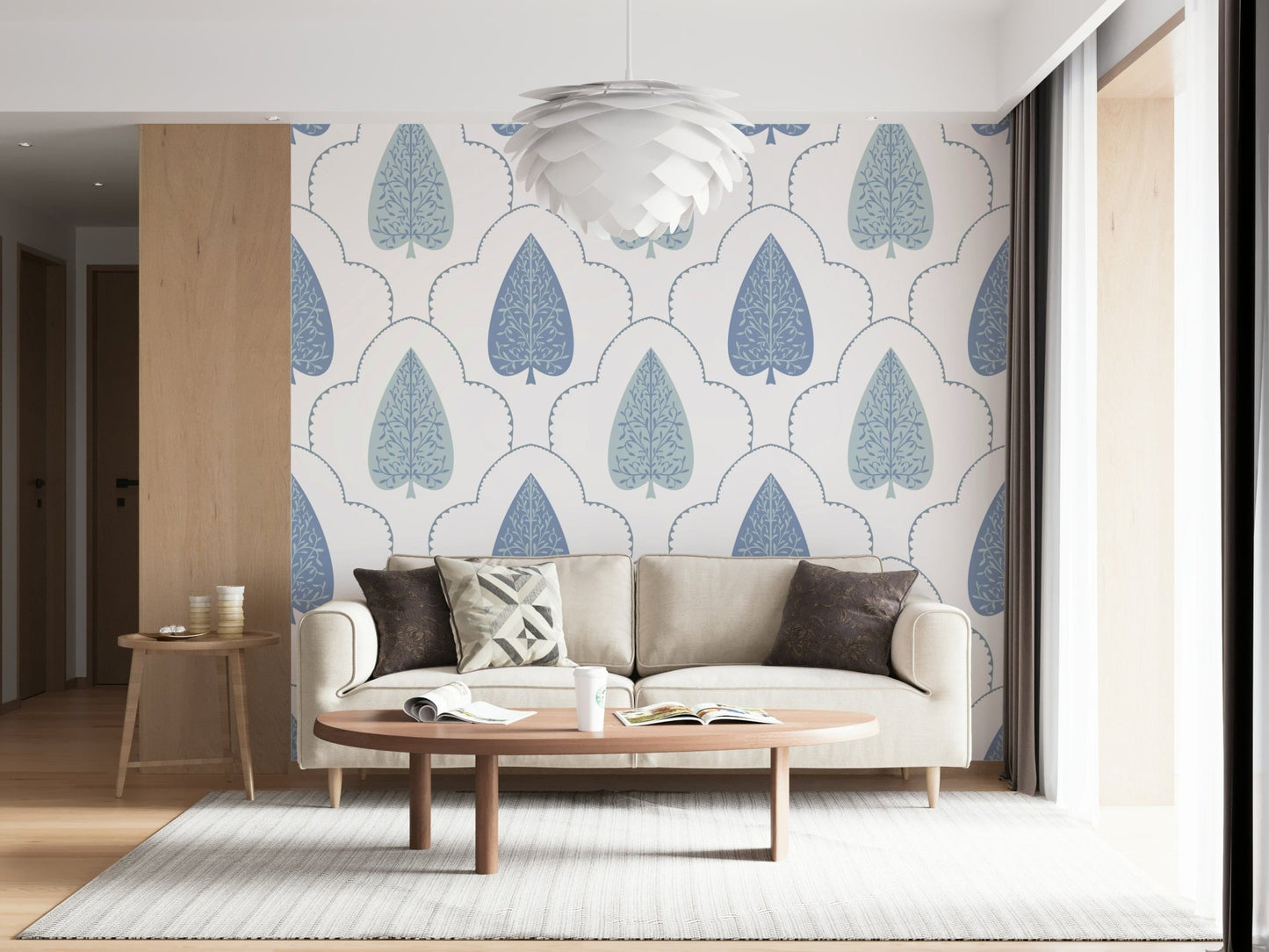 Architectural Blue Botanic Arbor wallpaper, framed leaf symmetry.