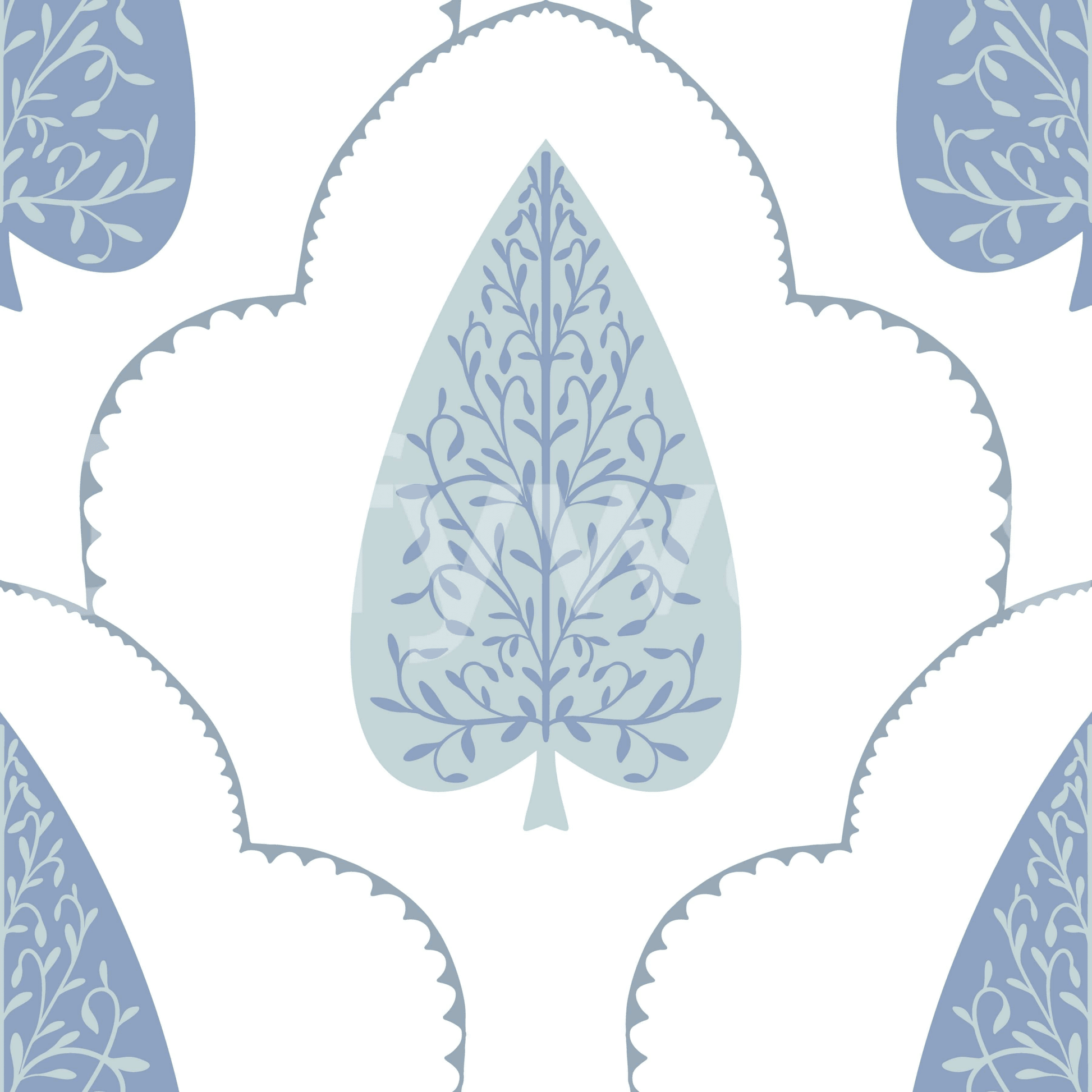 Scalloped Blue Botanic Arbor mural, repeating geometric frame.