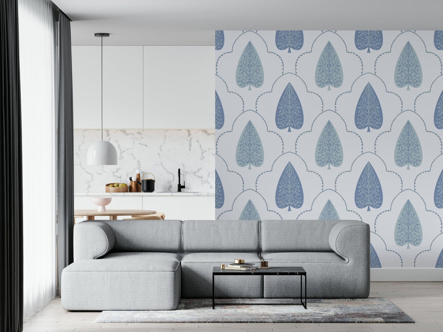 Seamless Blue Botanic Arbor panorama mural, continuous peaceful flow.