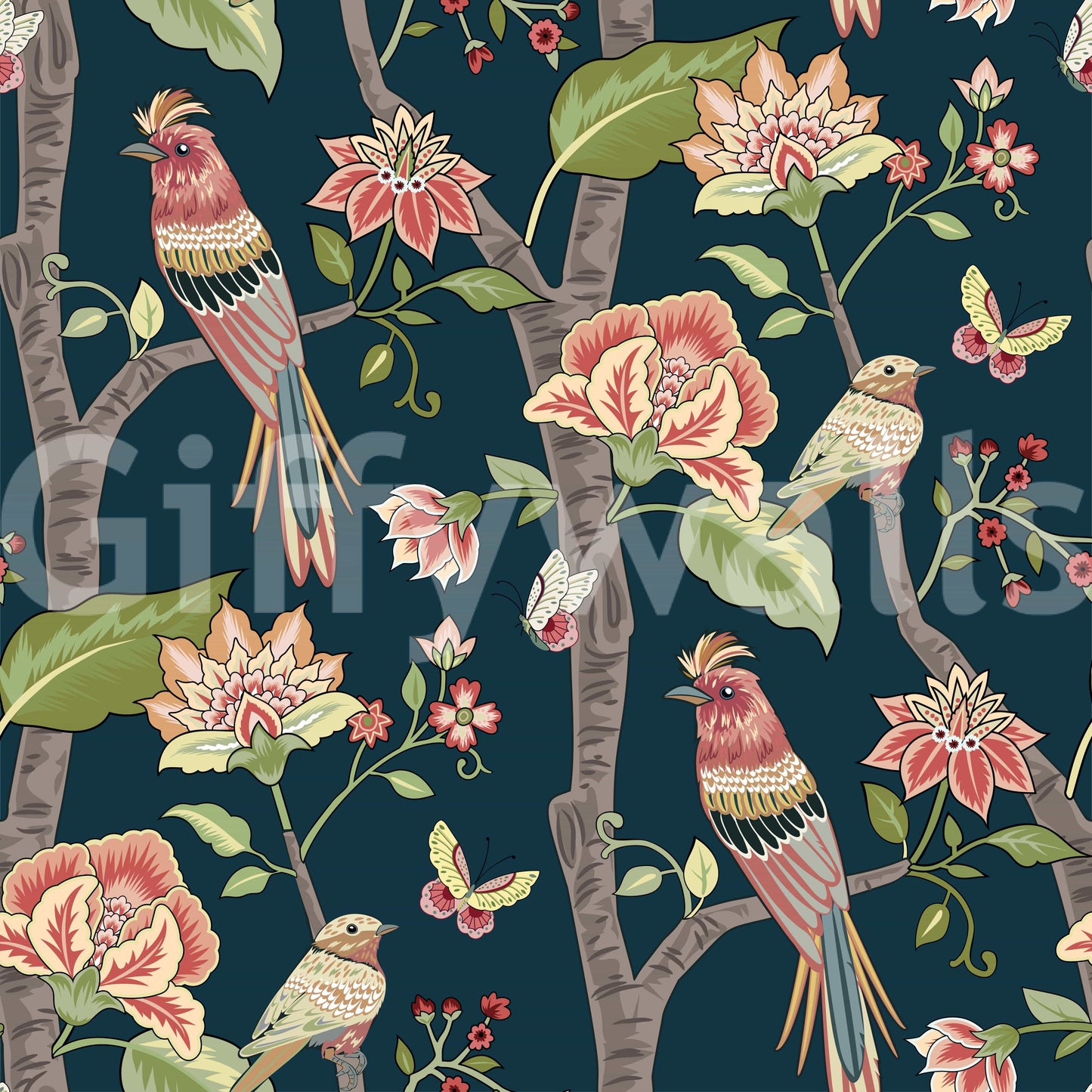 Intricate botanical wallpaper with illustrated birds and blooming florals in a seamless layout.