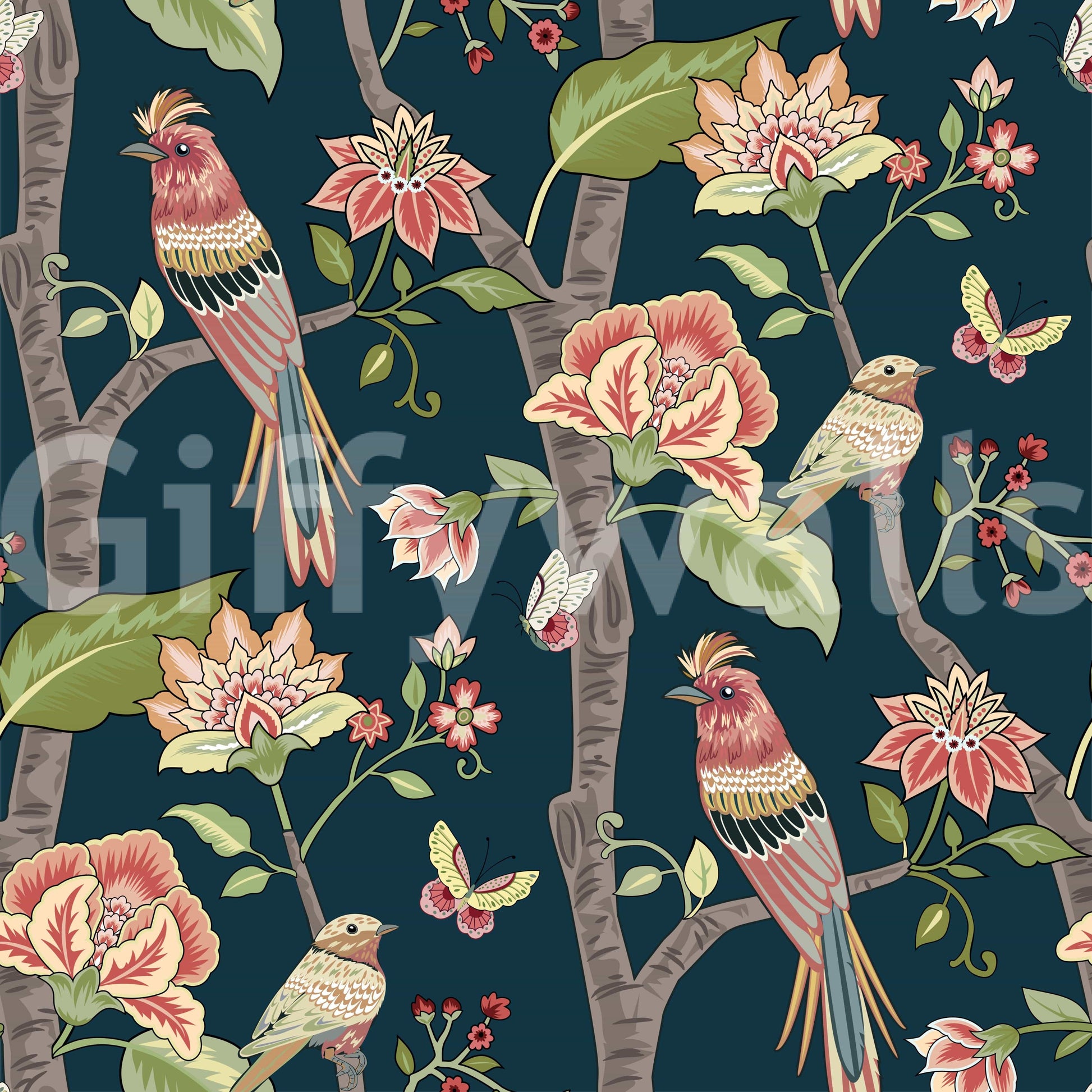 Intricate botanical wallpaper with illustrated birds and blooming florals in a seamless layout.