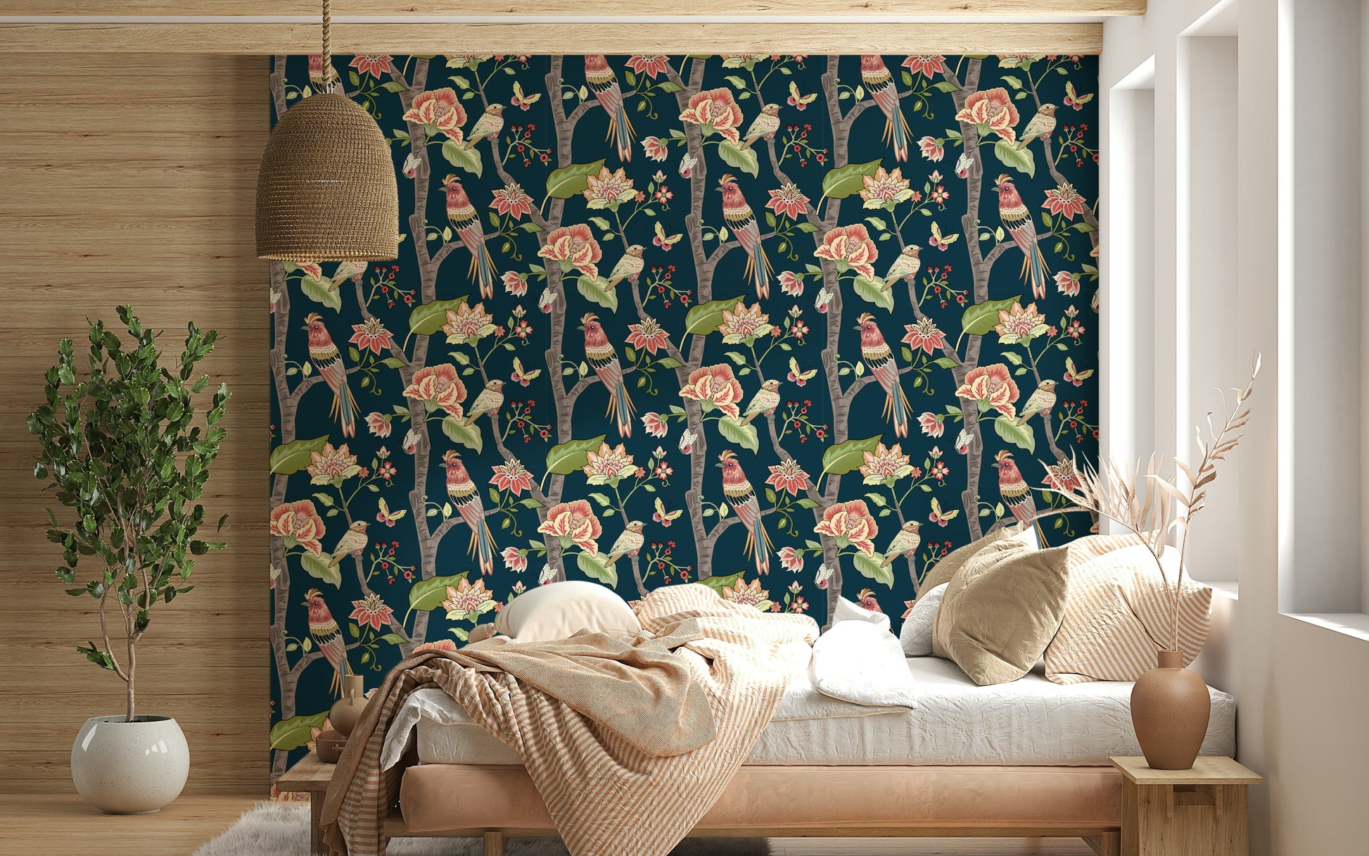 Botanical Birds wallpaper with colorful avian figures nestled among layered botanical elements.