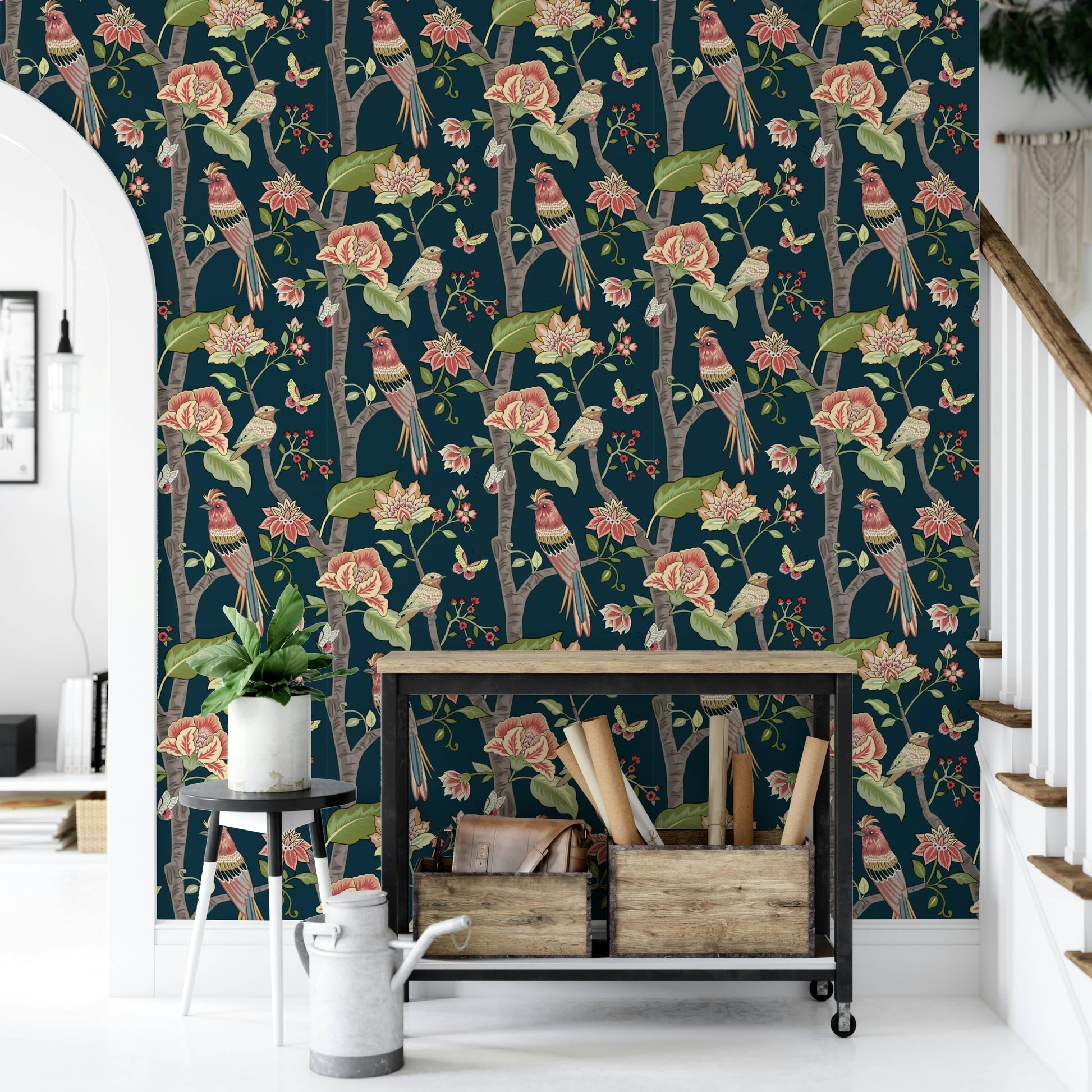 Artistic wallpaper mural combining botanical florals and perched birds in soft earthy tones.
