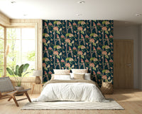 Tropical-inspired wallpaper featuring elegant birds resting on flowering branches with detailed leaves.