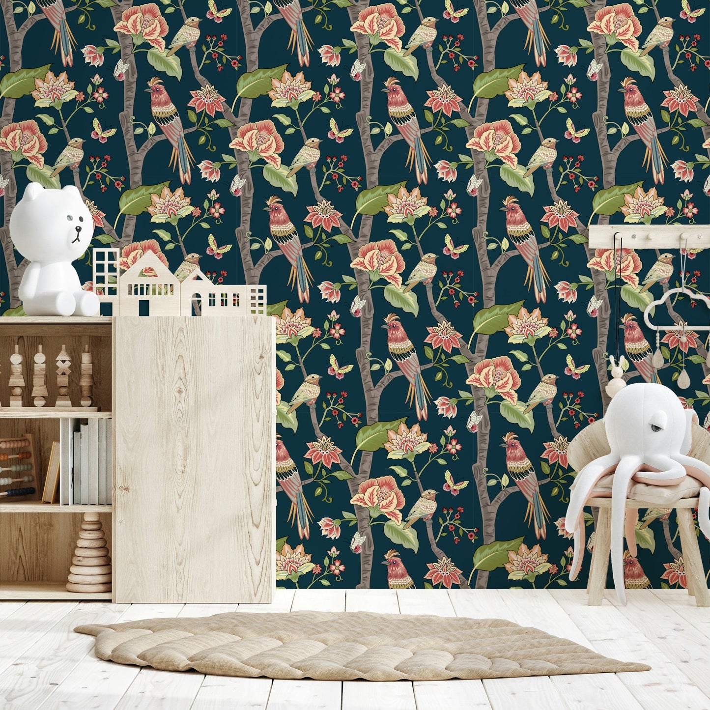 Decorative wallpaper featuring perched birds surrounded by lush botanical and floral motifs.