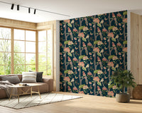Floral and bird wallpaper mural with vibrant botanical elements on a rich dark backdrop.