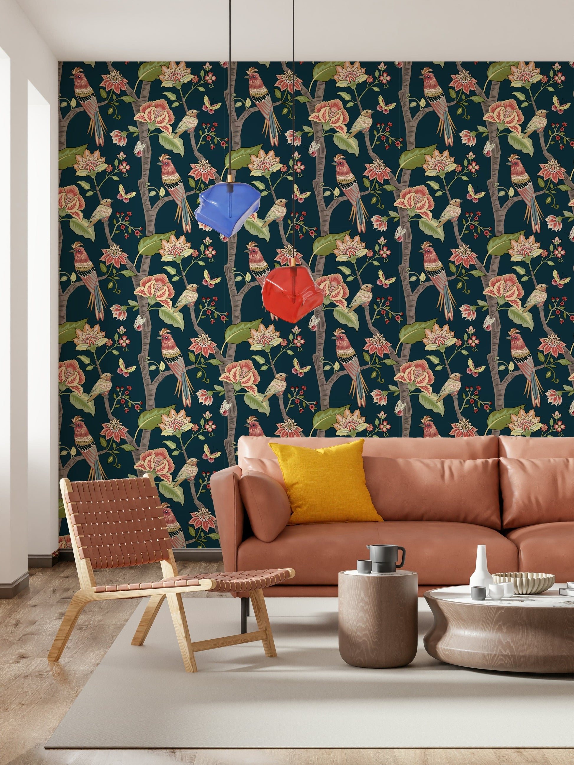 Botanical Birds wallpaper showcasing intricate bird illustrations intertwined with branches and blossoms.