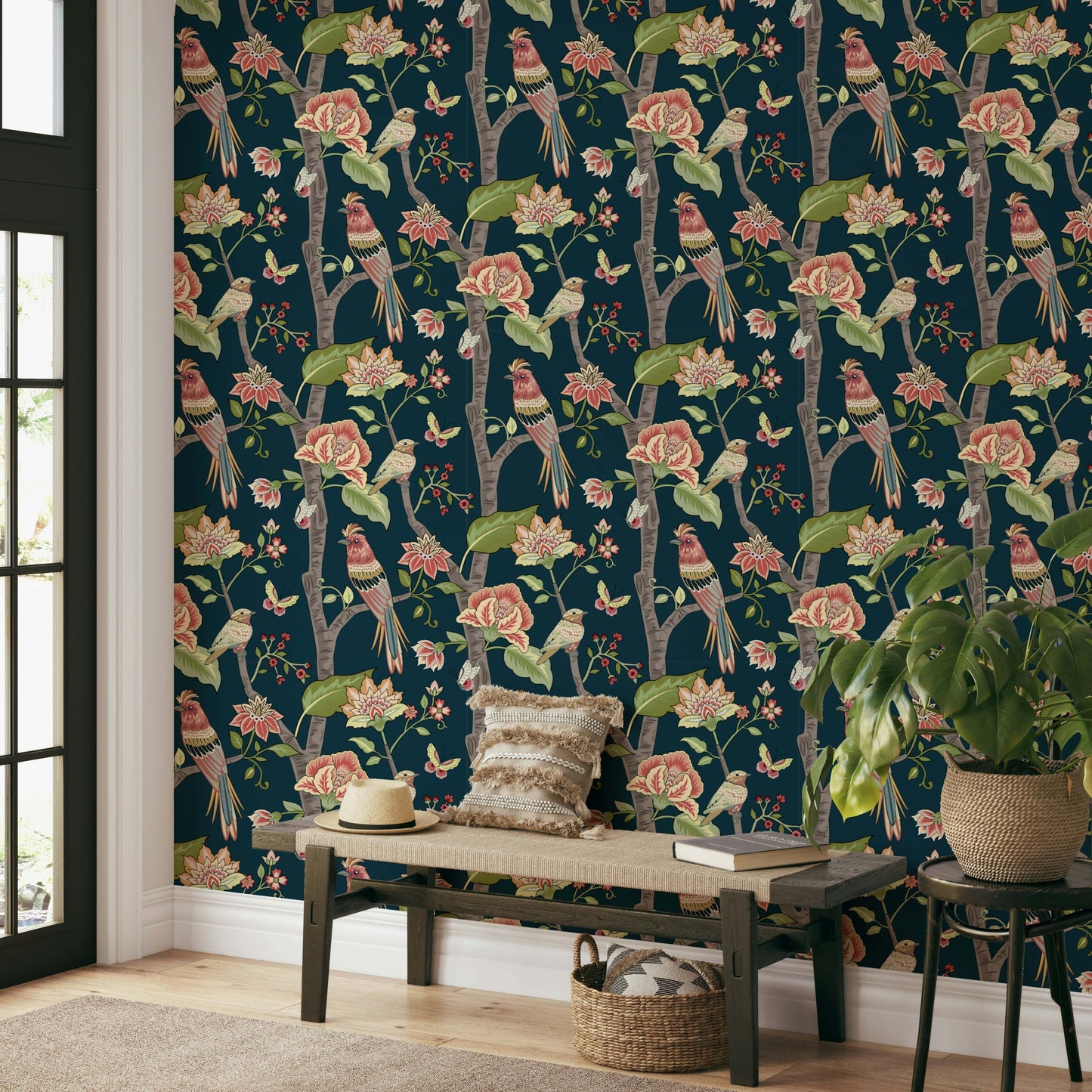 Botanical Birds wallpaper featuring colorful birds perched among blooming flowers on a deep navy background.