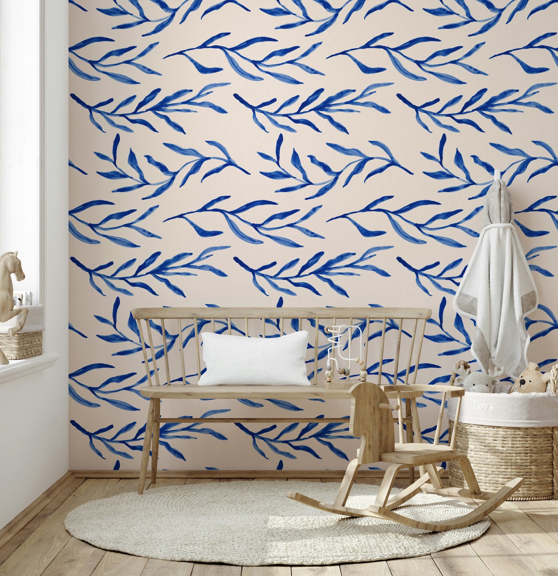 Blue botanical print mural adding a fresh, calming garden feel.