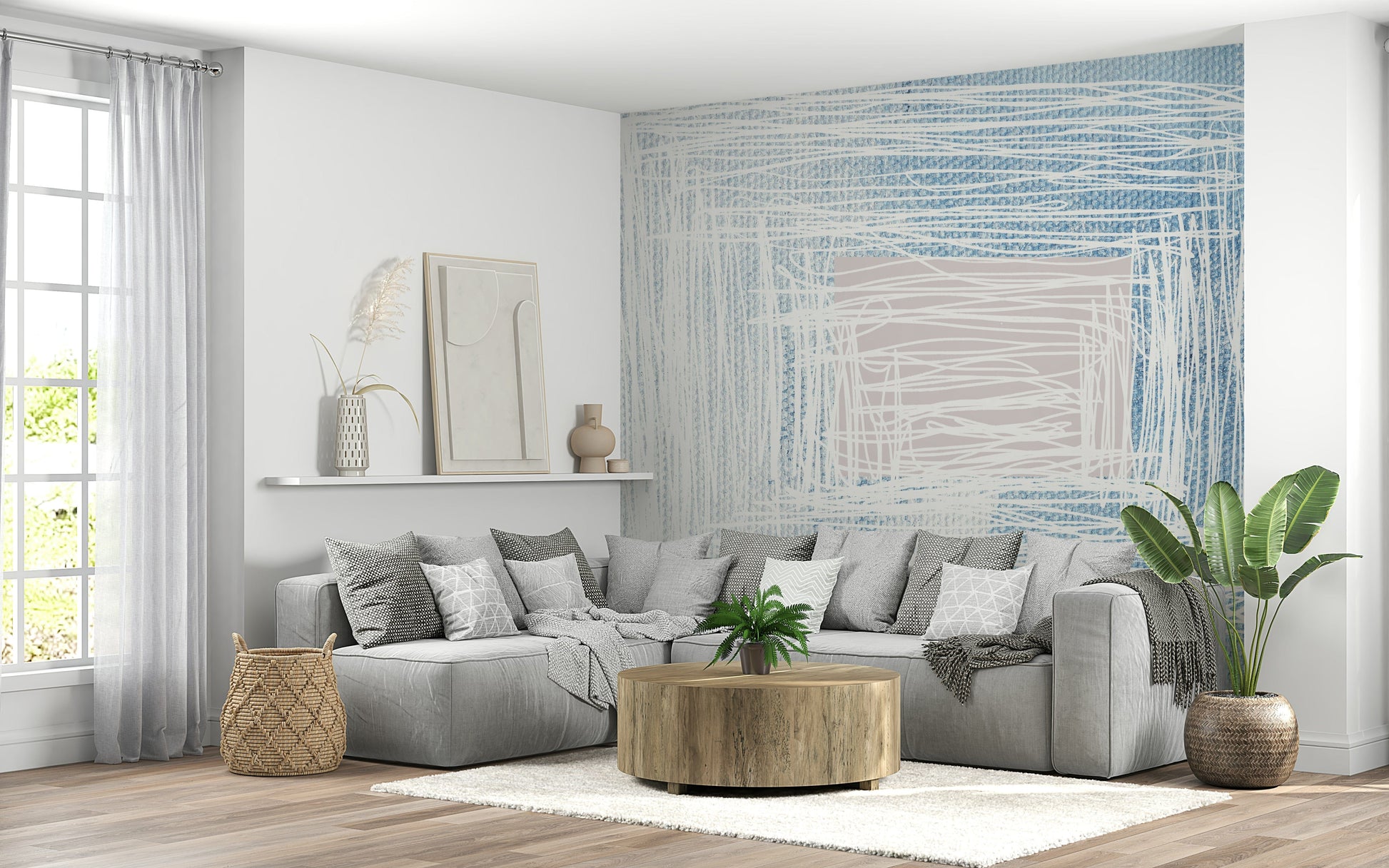 A calming abstract design wallpaper mural that defines a space.