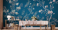 Blue chinoiserie wallpaper with floral patterns