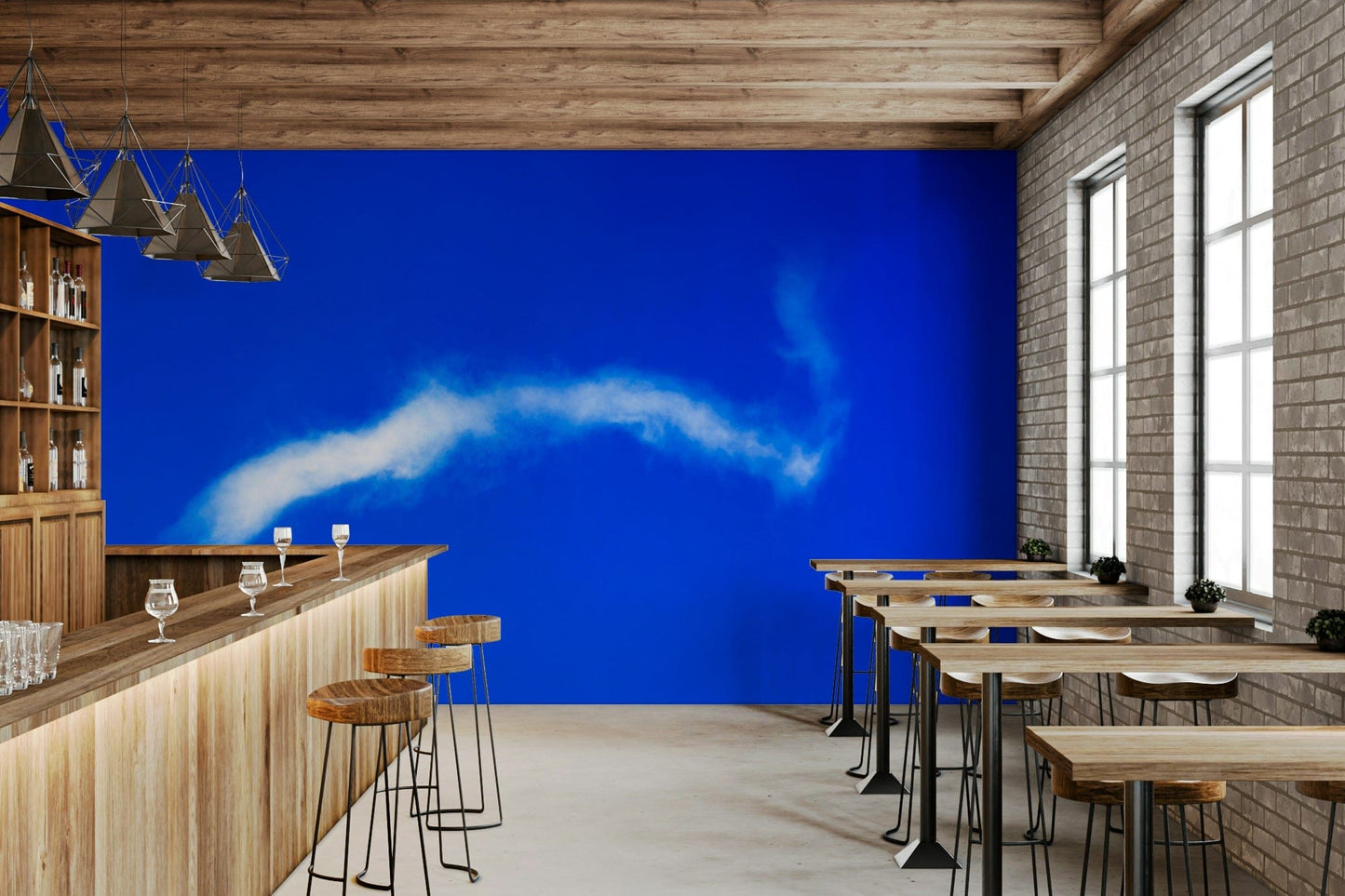 A peaceful open sky mural on decorative wallpaper.

