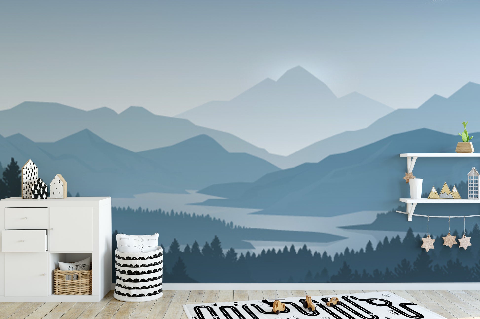 Blue Color Foggy Forest Mountain wallpaper mural styled along a hallway feature wall near a console in blue tones