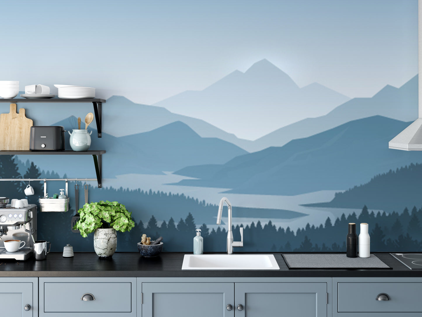 Blue Color Foggy Forest Mountain wallpaper mural as a feature wall in a home office workspace in blue tones