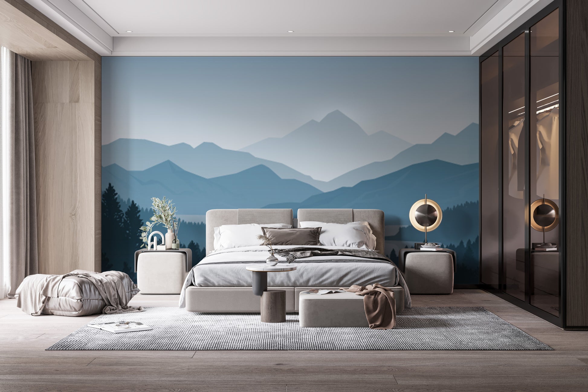 Blue Color Foggy Forest Mountain wallpaper mural styled as a feature wall behind a dining table and chairs in blue tones