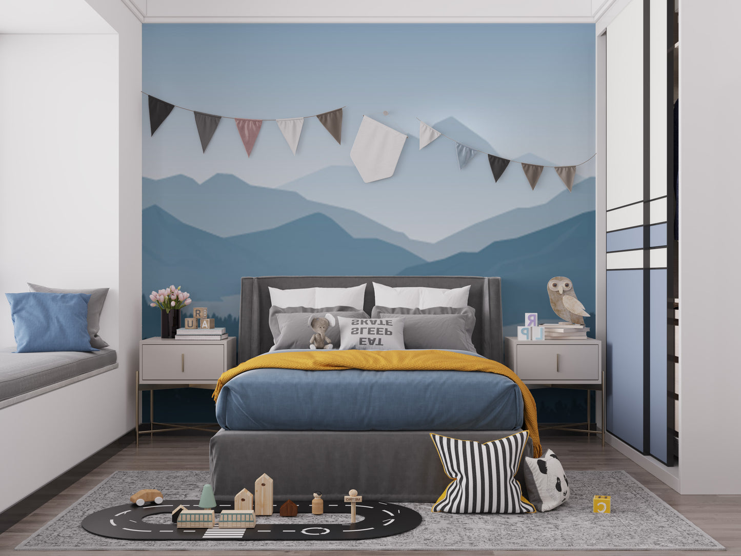 Blue Color Foggy Forest Mountain wallpaper mural as a bedroom feature wall behind the headboard in blue tones