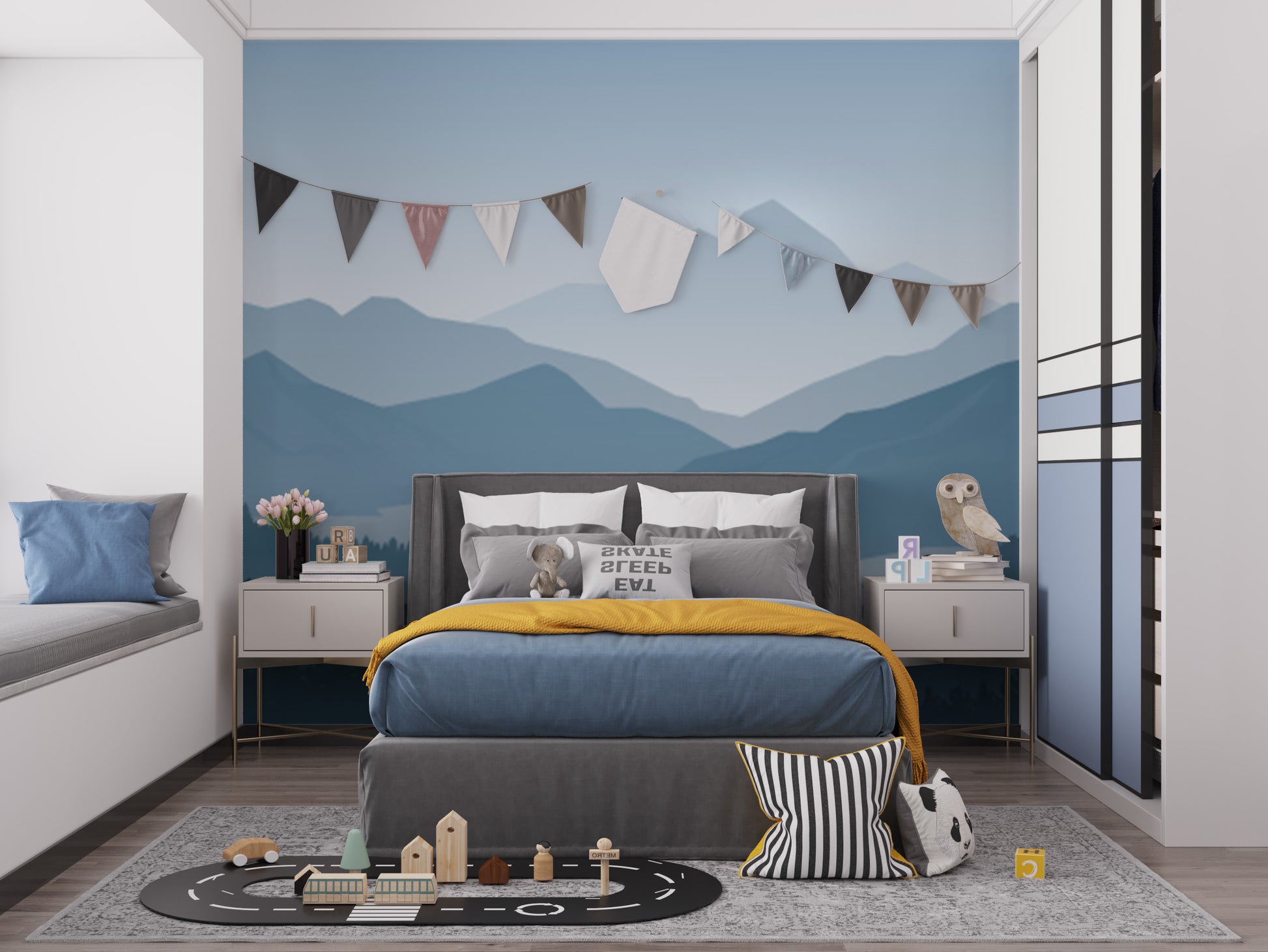Blue Color Foggy Forest Mountain wallpaper mural as a bedroom feature wall behind the headboard in blue tones