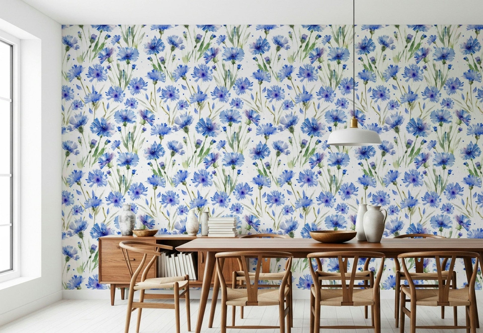 Blue Cornflower Dream adhesive paper, subtle green stem elements background.