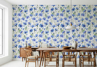 Blue Cornflower Dream adhesive paper, subtle green stem elements background.