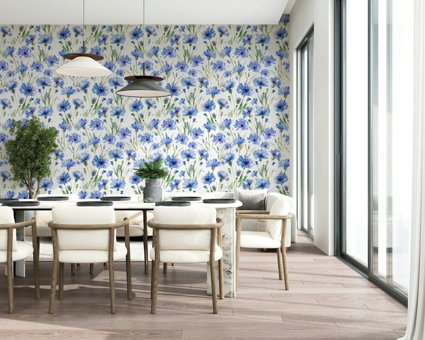 Blue Cornflower Dream temporary stick-on, calming pastel flower mural.