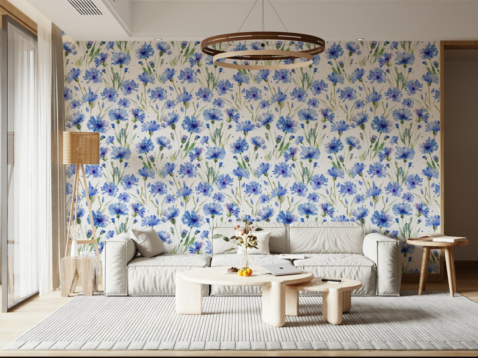Blue Cornflower Dream bespoke wall decor, ethereal blue and purple flowers.